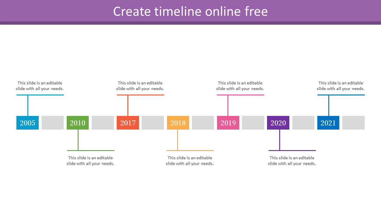 Timeline chart slide showing key years from 2005 to 2021 with colored boxes and text placeholders for each year.