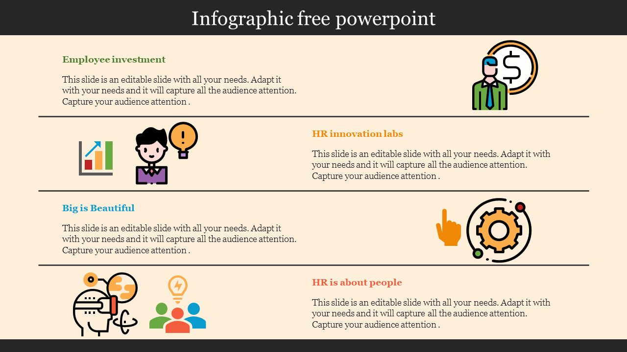 Infographic PPT template showcasing employee investment, HR innovation labs, and a focus on people with corresponding icons.