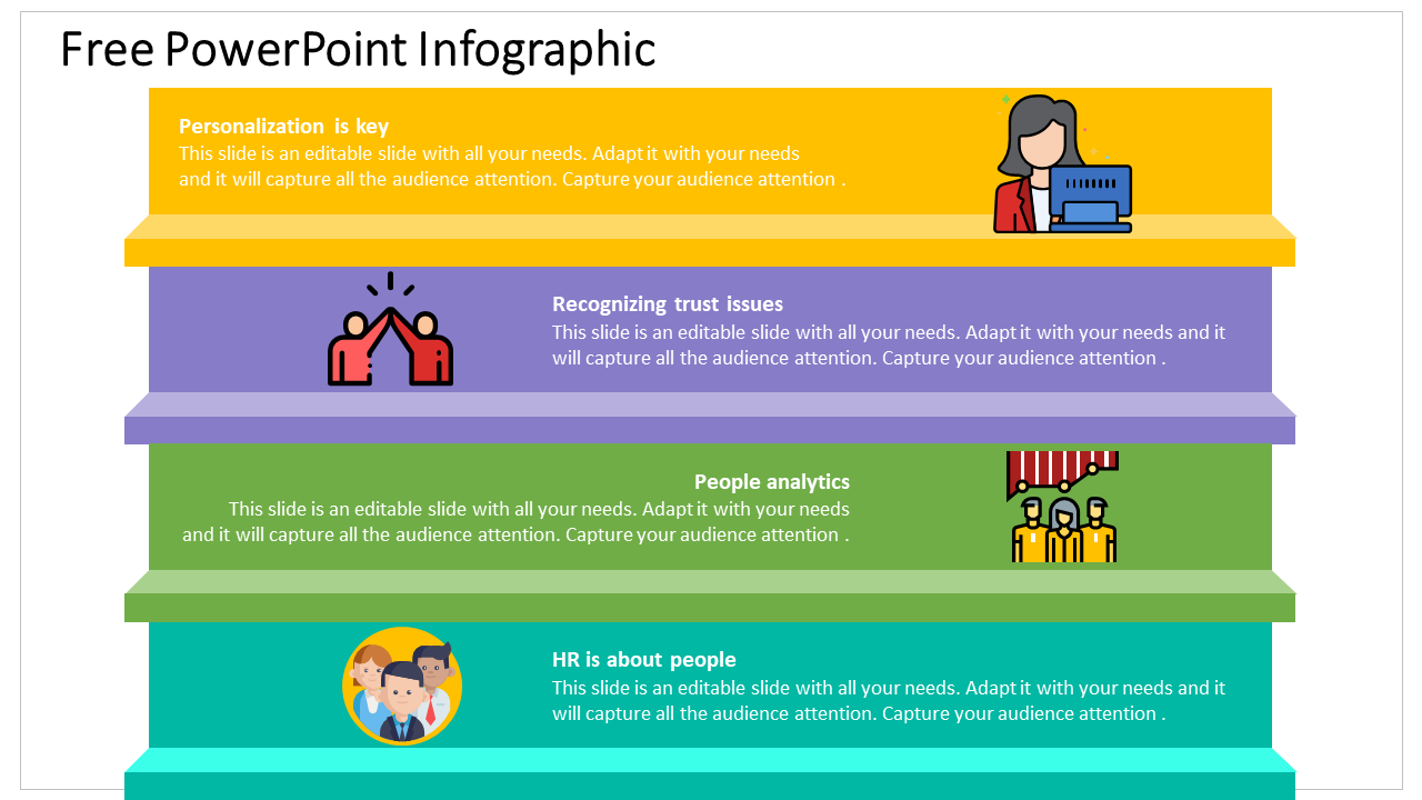 Infographic template with four color-coded rows, each accompanied by an icon and brief description.