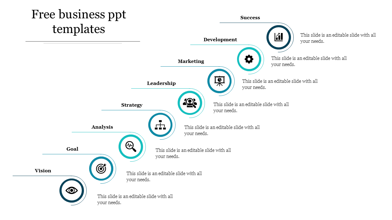 Business themed infographic with a stepwise layout, featuring eight circular blue and black icons, on a white background.