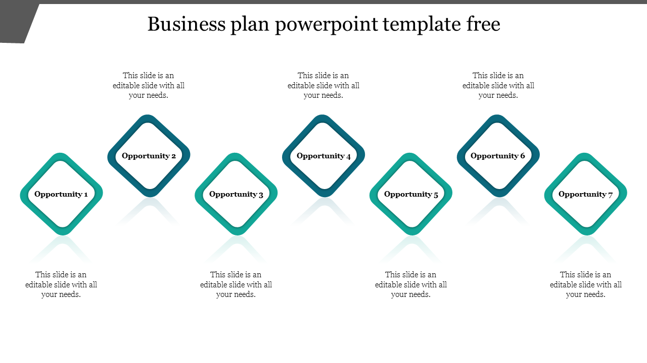 Business plan PowerPoint template with seven opportunities displayed in diamond shapes, each labeled with a number.