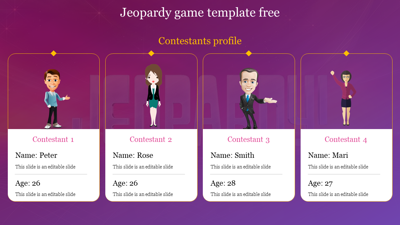 Jeopardy game slide with profiles of four contestants Peter, Rose, Smith, and Mari, showing names and ages.