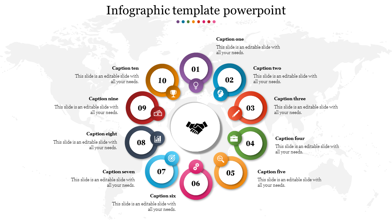 Circular infographic slide featuring ten colorful numbered sections around a handshake icon in the center each with captions.