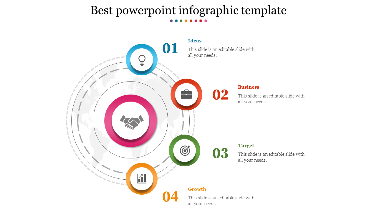 Infographic slide with four numbered steps in blue, red, green, and orange, each linked to icons around a circle.