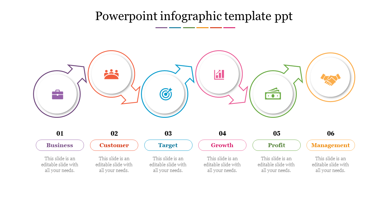 Infographic PPT slide with colorful arrows connecting sections from business to management with placeholder text.