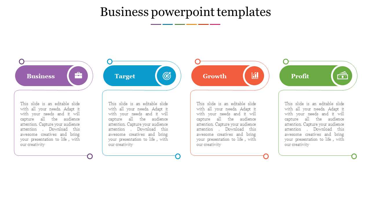 Colorful business PPT template featuring editable sections on business, target, growth, and profit with corresponding icons.