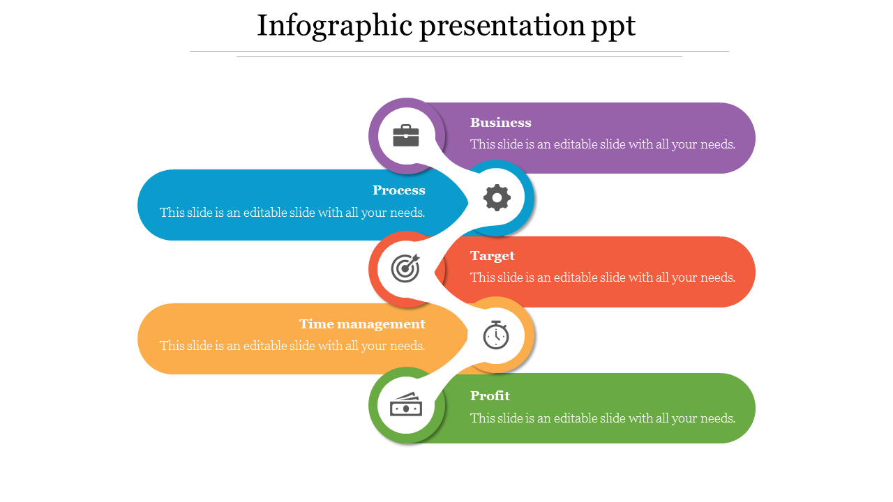 Infographic slide showing a winding path with five sections each with its own color icon and placeholder text.