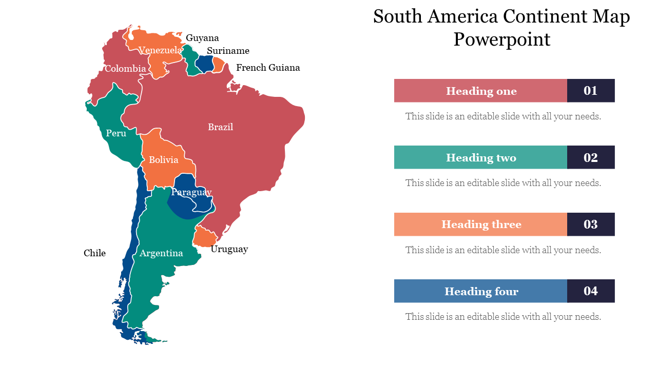 Colorful map of south america highlighting many countries alongside text headings.