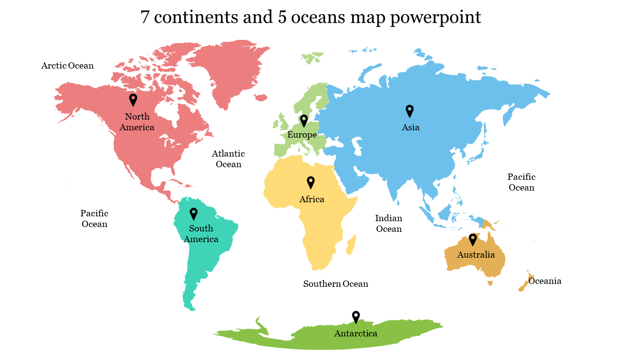 Colorful world map slide showing all seven continents and five major oceans, including the indian and pacific oceans.