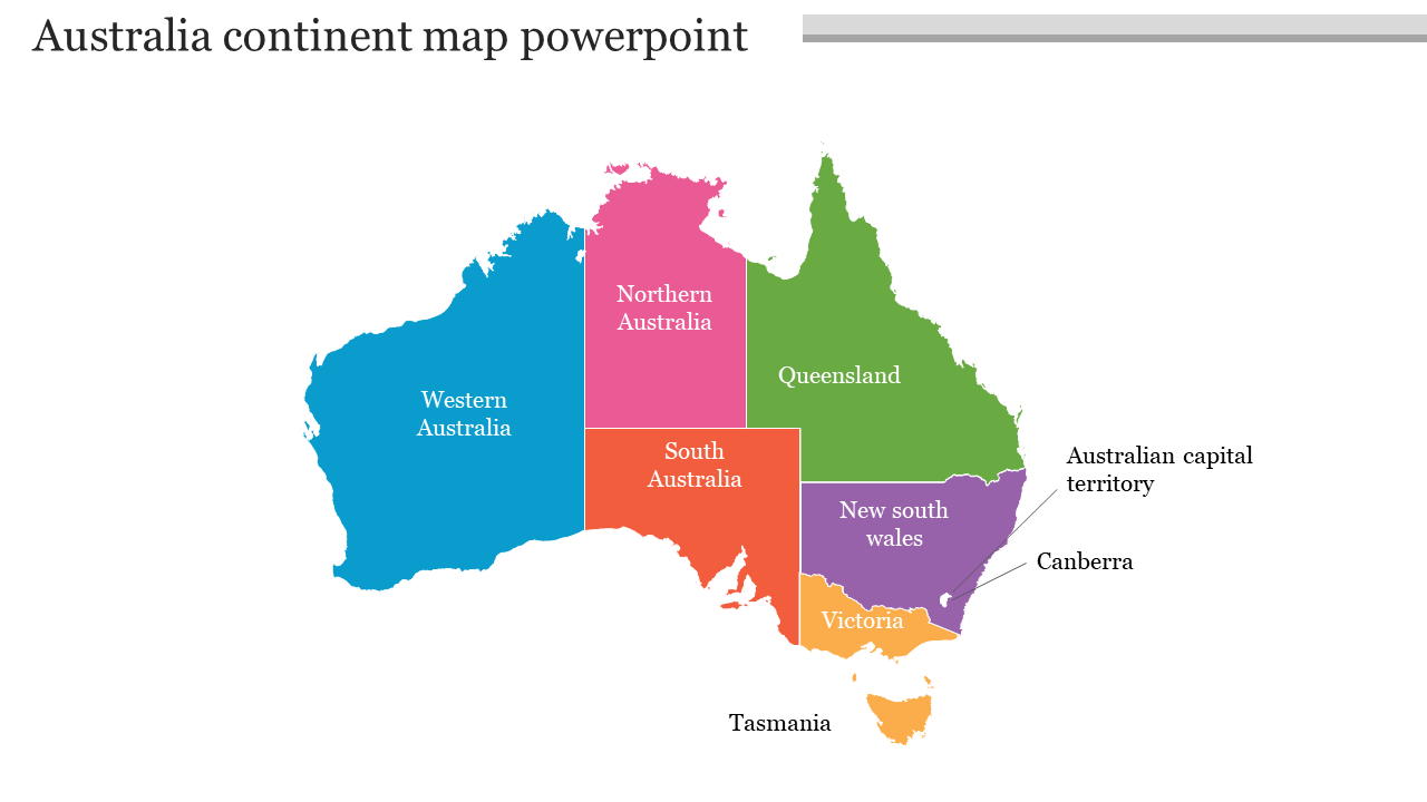 Color-coded map slide of Australia with major states and territories, including Western Australia, Queensland, and Tasmania.