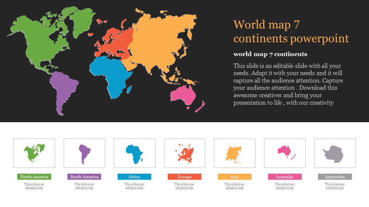 A colorful world map slide illustrating the seven continents, each marked in distinct colors with placeholder text.