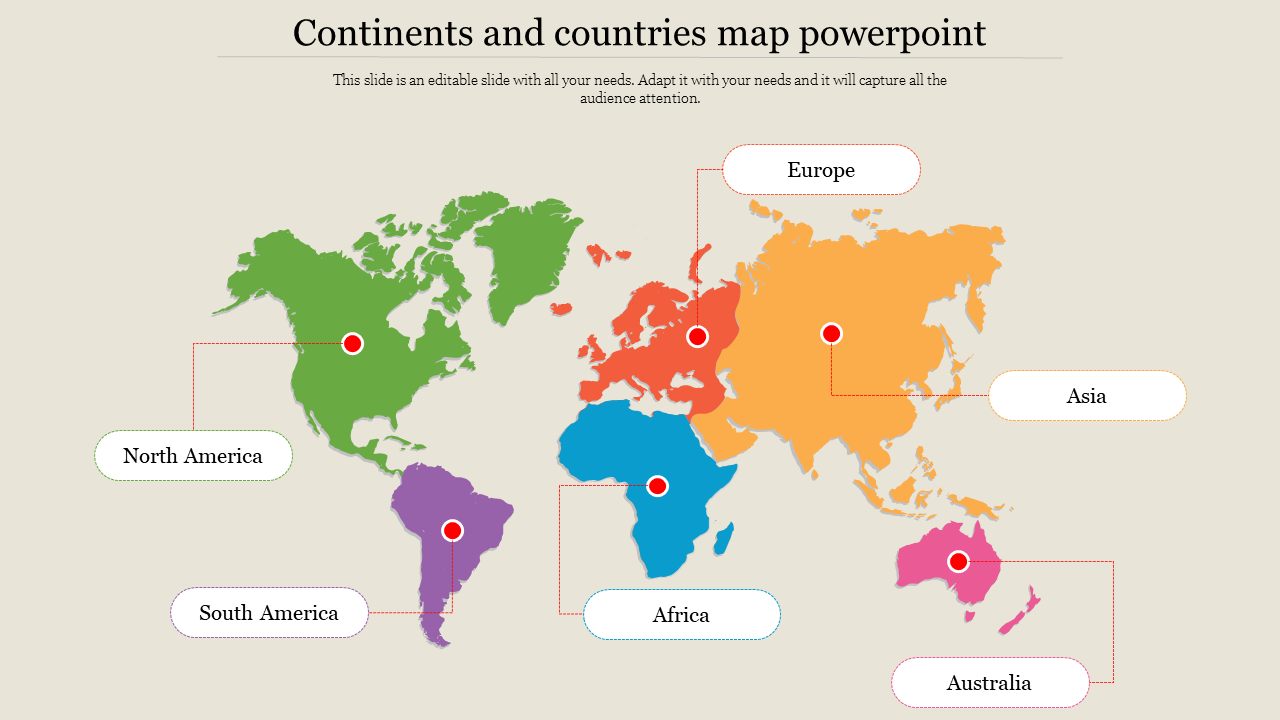 Colorful world map with continents in green, orange, blue, purple, yellow, and pink, connected to labels with red markers.