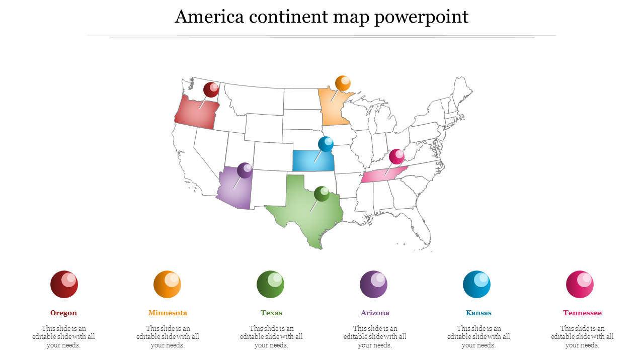 Map of the United States with highlighted states and colorful markers from Oregon to Tennessee with captions.