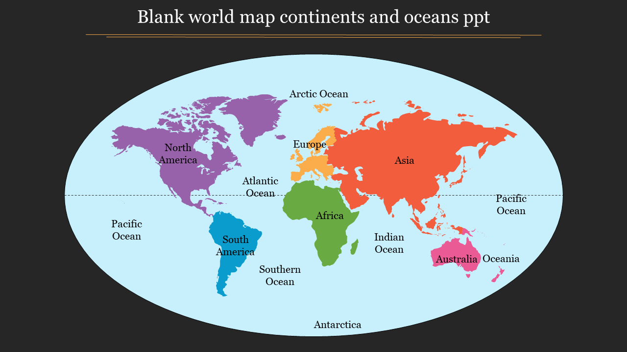 Colorful world map showing continents and oceans on a blue background, labeled for educational use.