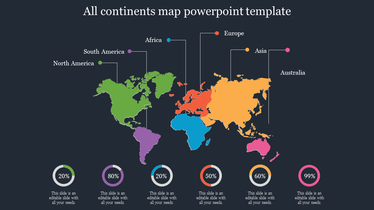 Colorful map of all continents, highlighting six continents and percentage sections with placeholder text on a dark backdrop.