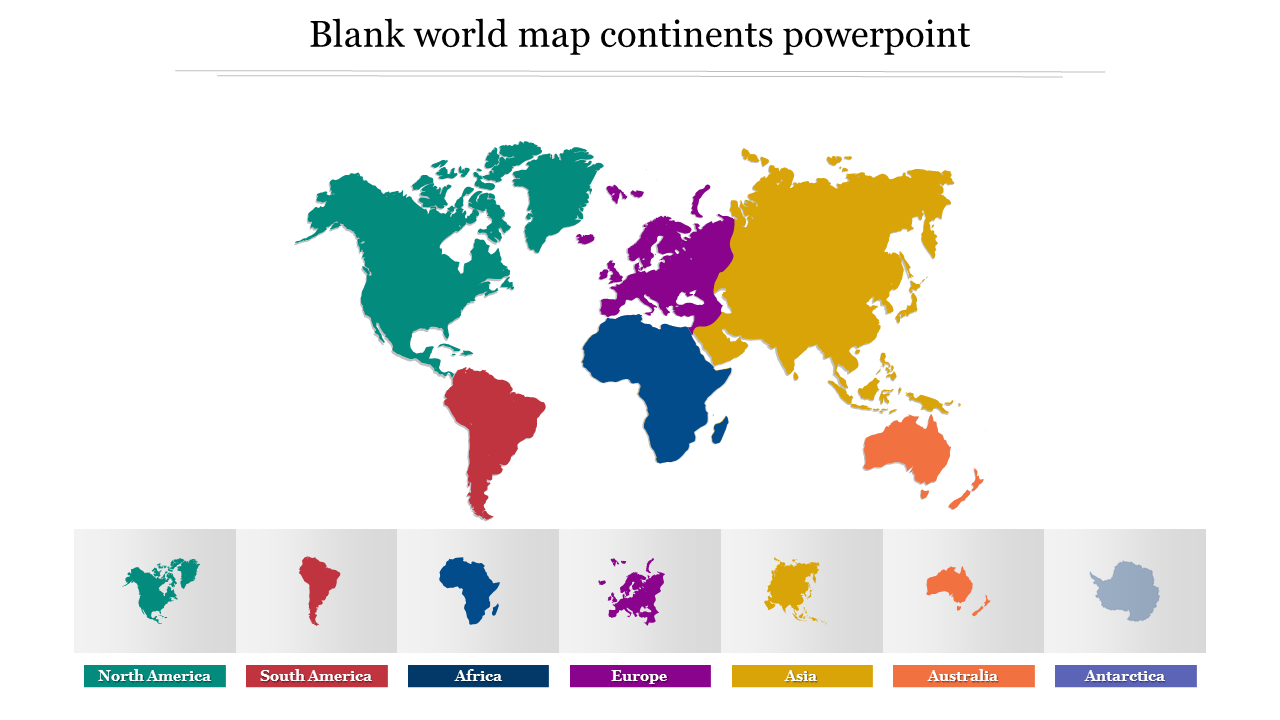 Color-coded world map displaying different continents and indicating the names of each continent in the below boxes.