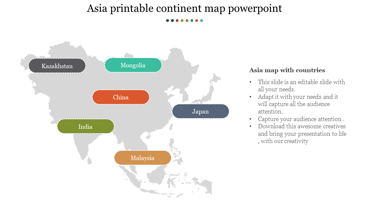 Asia continent outline with highlighted regions for Kazakhstan, Mongolia, China, Japan, India, and Malaysia.