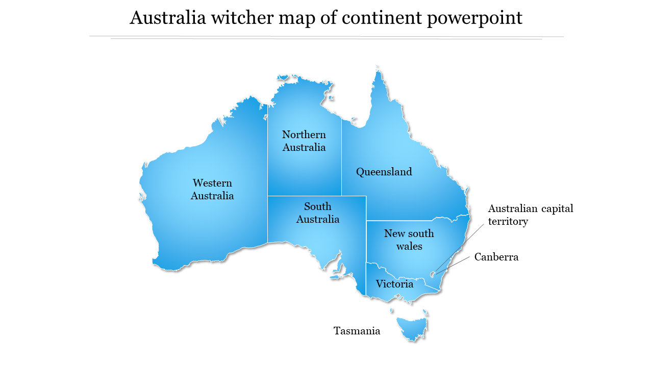 A blue shaded map of Australia, with state and territory borders and names, featuring regions with labels.