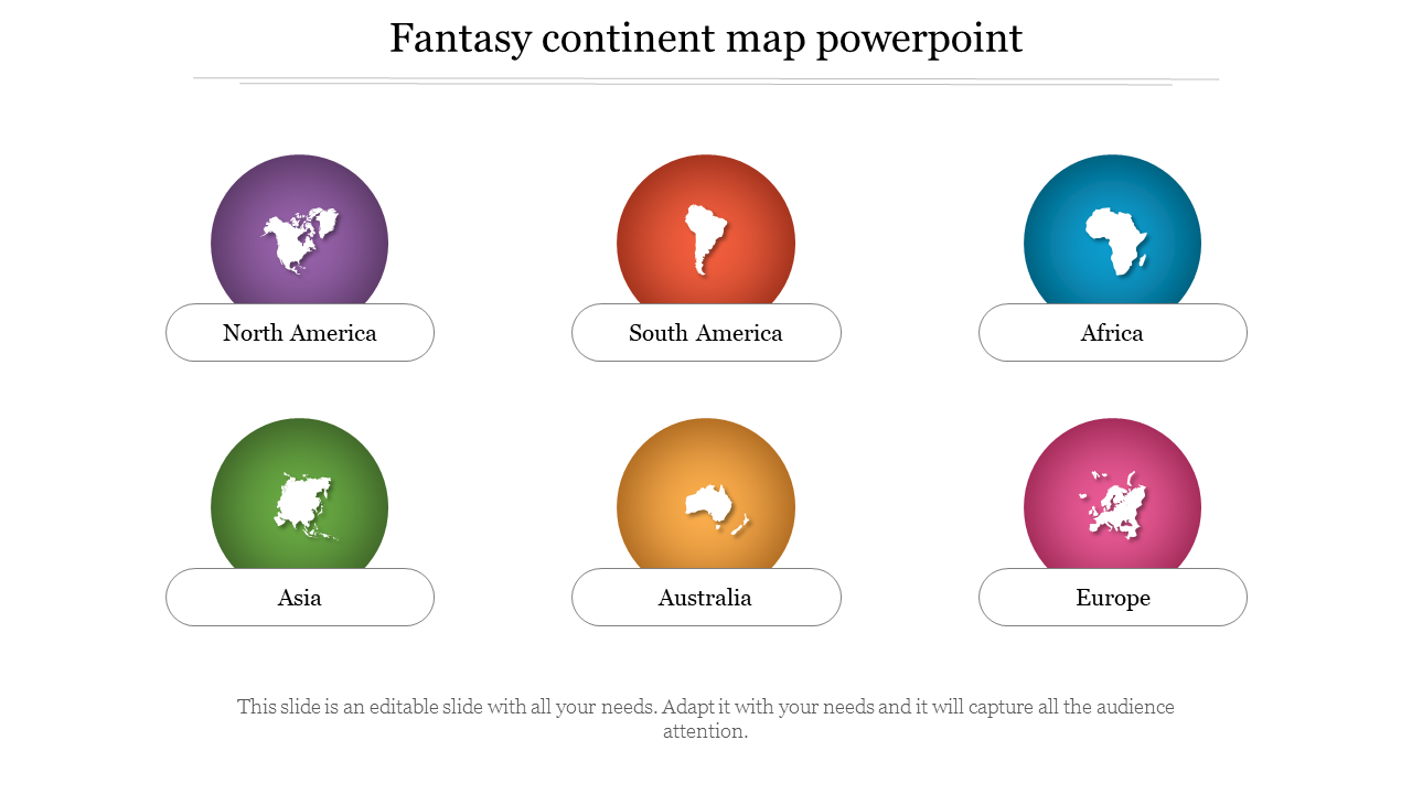 Fantasy Continent Map PowerPoint slide with colorful icons with placeholder text.