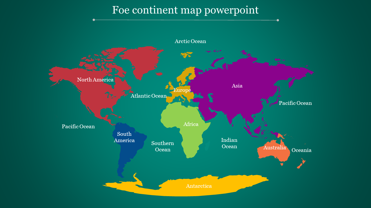 Colorful world map with labeled continents and oceans on a gradient teal background.