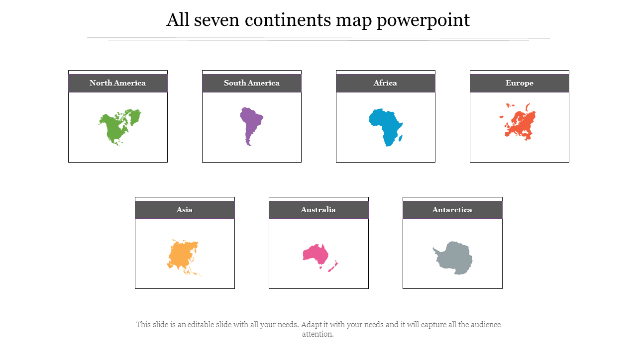 Slide featuring colorful maps of north america, south america, africa, europe, asia, australia and antarctica with text area.