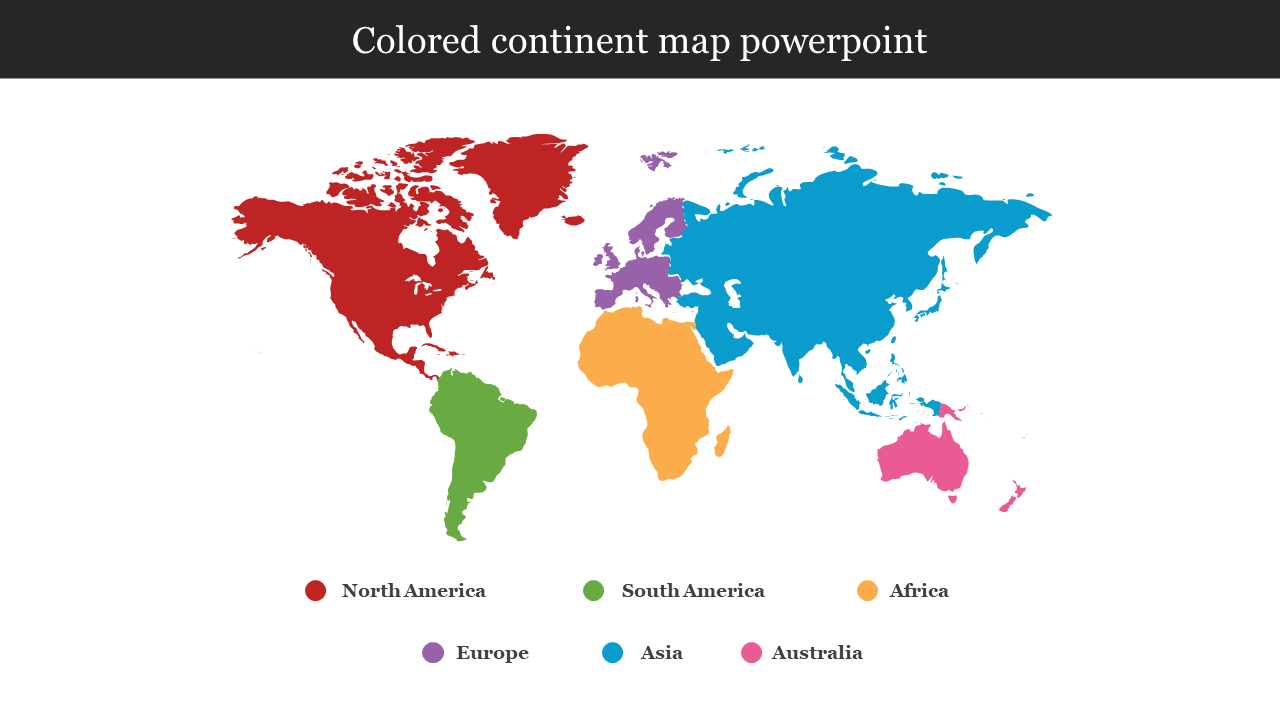 Colored continents map with regions in red, green, yellow, blue, purple, and pink, each labeled with corresponding name.