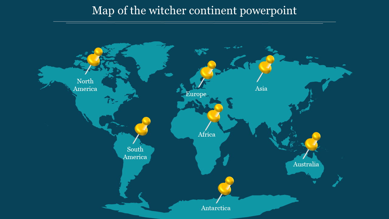 A world map highlighting the continents from North America to Antarctica with yellow pushpins in a blue background.