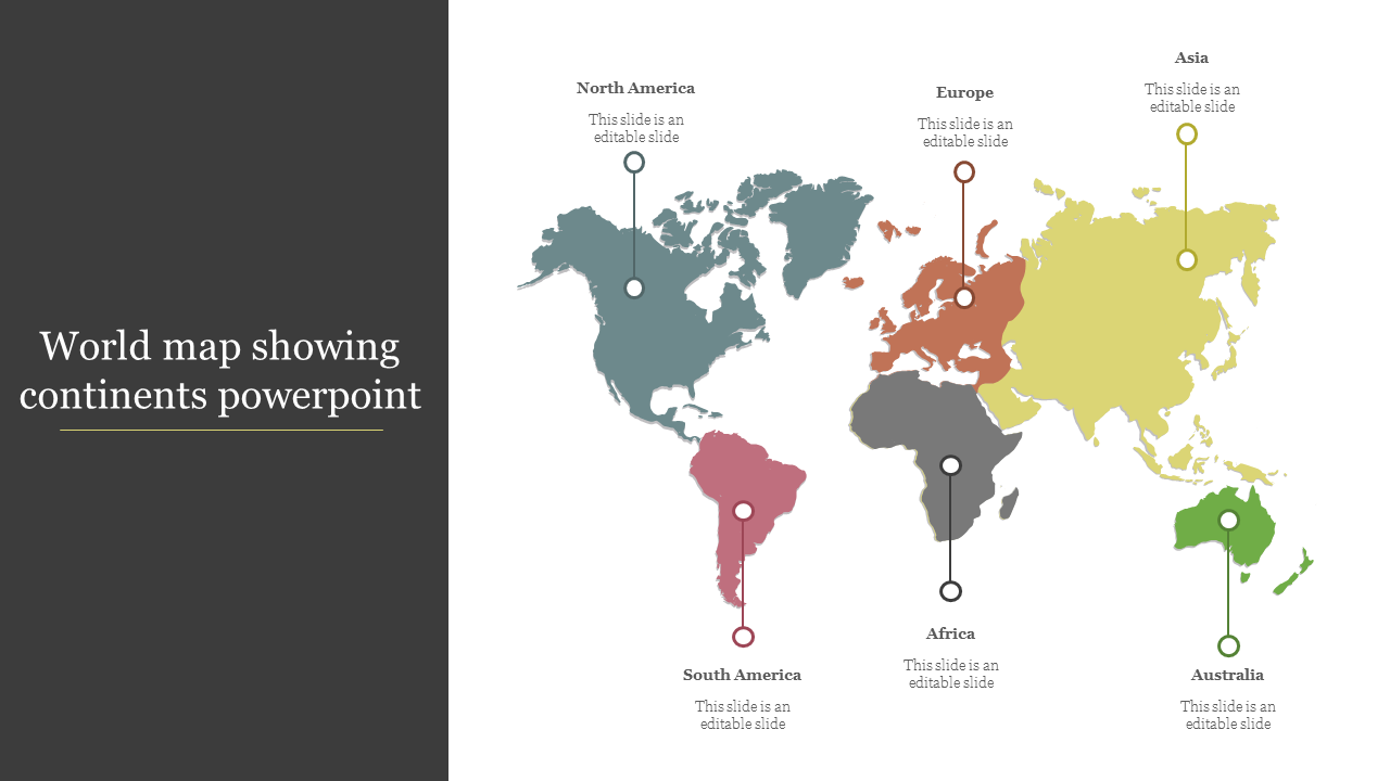 A world map showing continents in different colors with labeled markers and a gray side bar with title.