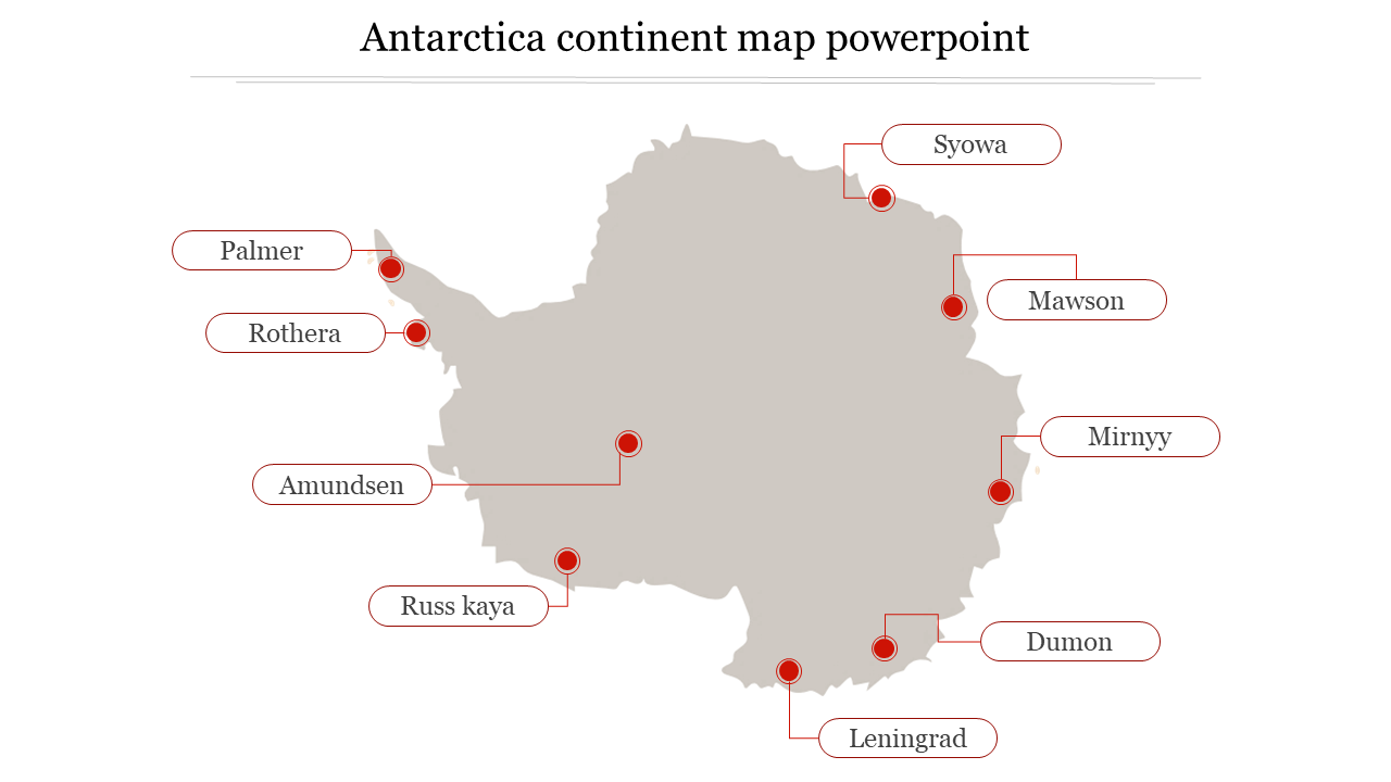 Map of antarctica slide with marked research stations from palmer to syowa in red dots.