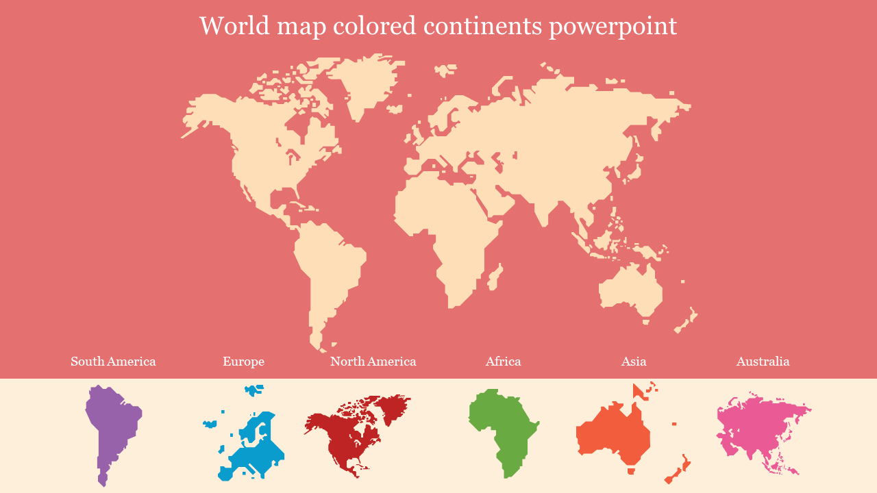 Slide with a beige world map on a red background, highlighting six continents in different colors with labels below.