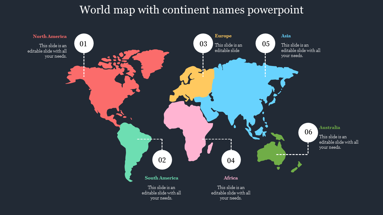 Illustrated colour coded world map showing continents with labeled markers with six caption areas.