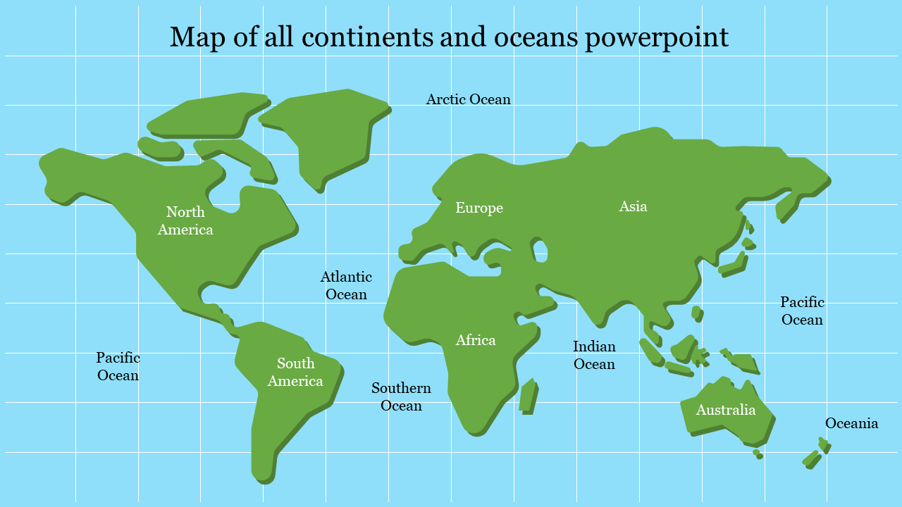 Stylized green world map with labeled continents and oceans on a blue grid background.