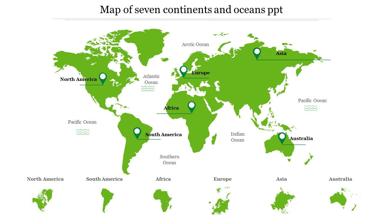 Global map showing all seven continents in green, with markers for Asia, Europe, and North America, alongside labeled oceans.