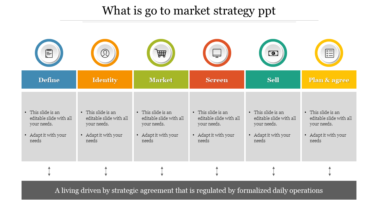 Go-to-market strategy PPT template with  colourful circles and icons, each with  content sections placed in white background