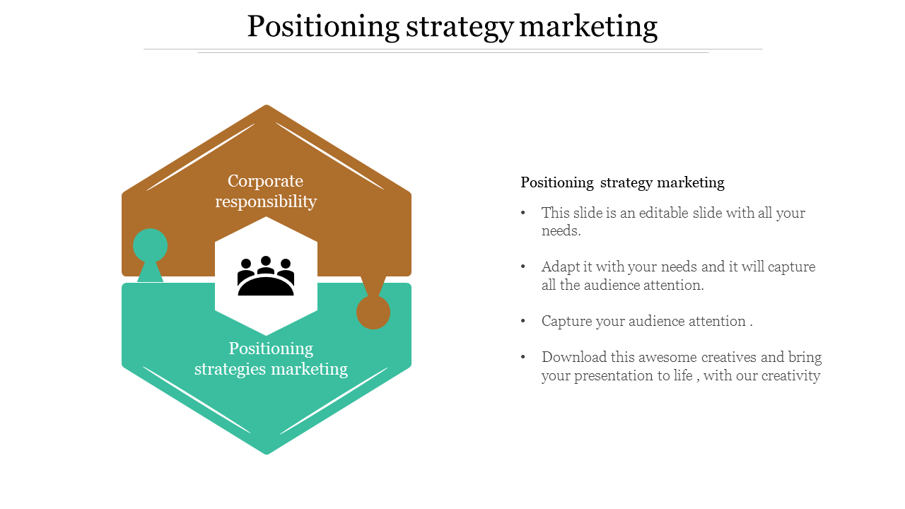 Positioning strategy marketing slide featuring a diagram with two key elements with placeholder text.