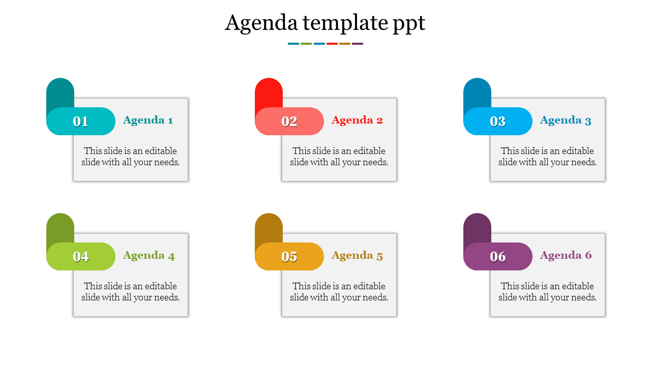 Agenda slide with six colorful labels and text boxes in teal, red, blue, green, gold, and purple, arranged in a grid layout.