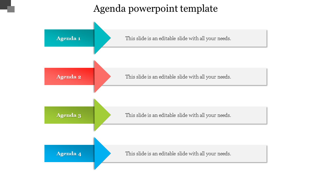 Agenda PPT template with four numbered sections, each having a colored arrow and a description.