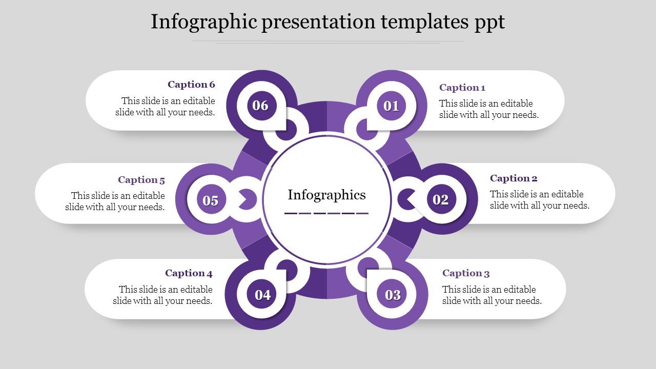 Purple circular infographic PowerPoint template with six numbered sections and captions with placeholder text.