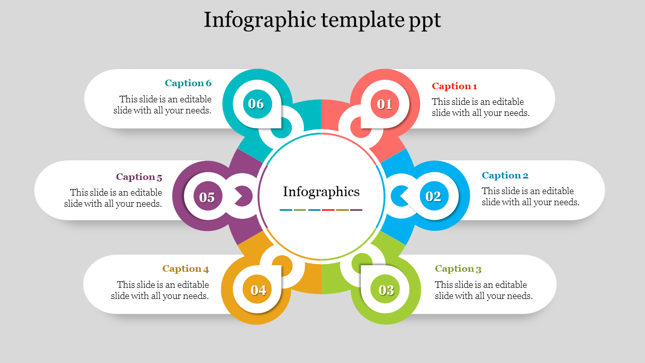 Infographic slide featuring a central hub linked to six surrounding nodes numbered from 01 to 06, each with its captions.