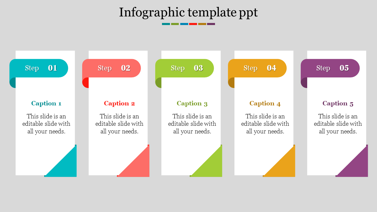 Five vertical cards with teal, red, green, yellow, and purple labeled headers, arranged in a row on a gray background.