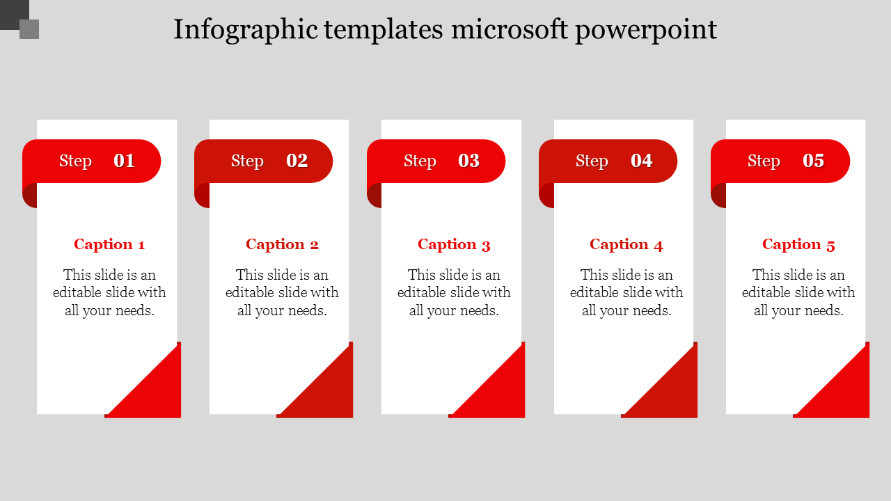 Five step infographic PowerPoint slide with red banners and text sections on a grey backdrop.