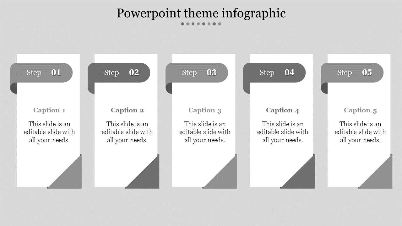 Five step infographic PowerPoint slide with grey banners and text sections.