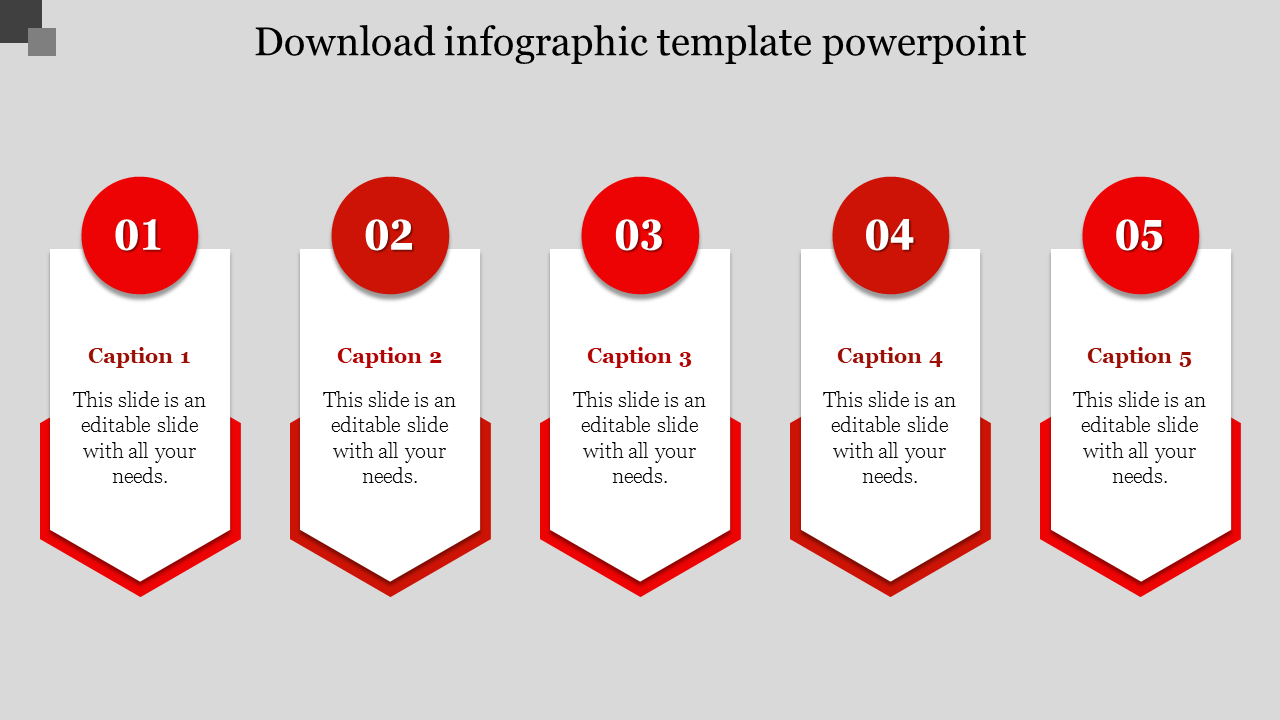 Infographic template featuring five red banners, each numbered 01 to 05, with text placeholders.