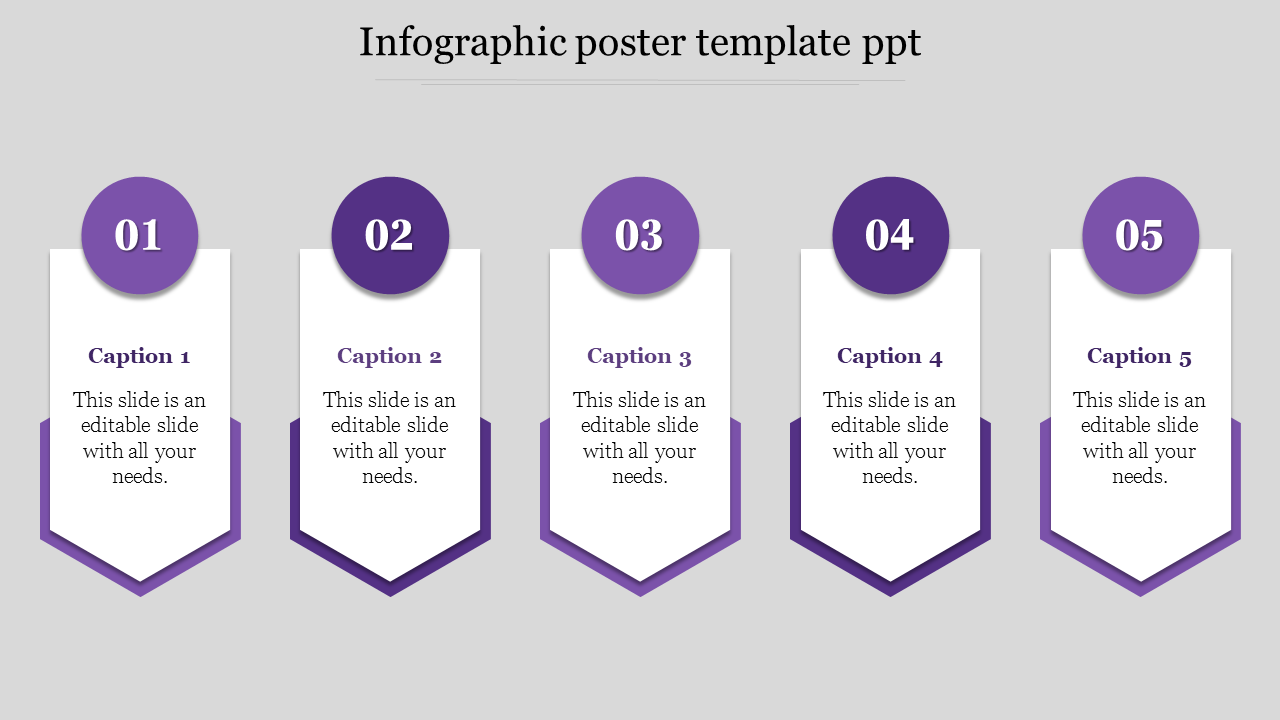 Slide with a five step infographic poster design featuring numbered sections and captions, each with text for content.