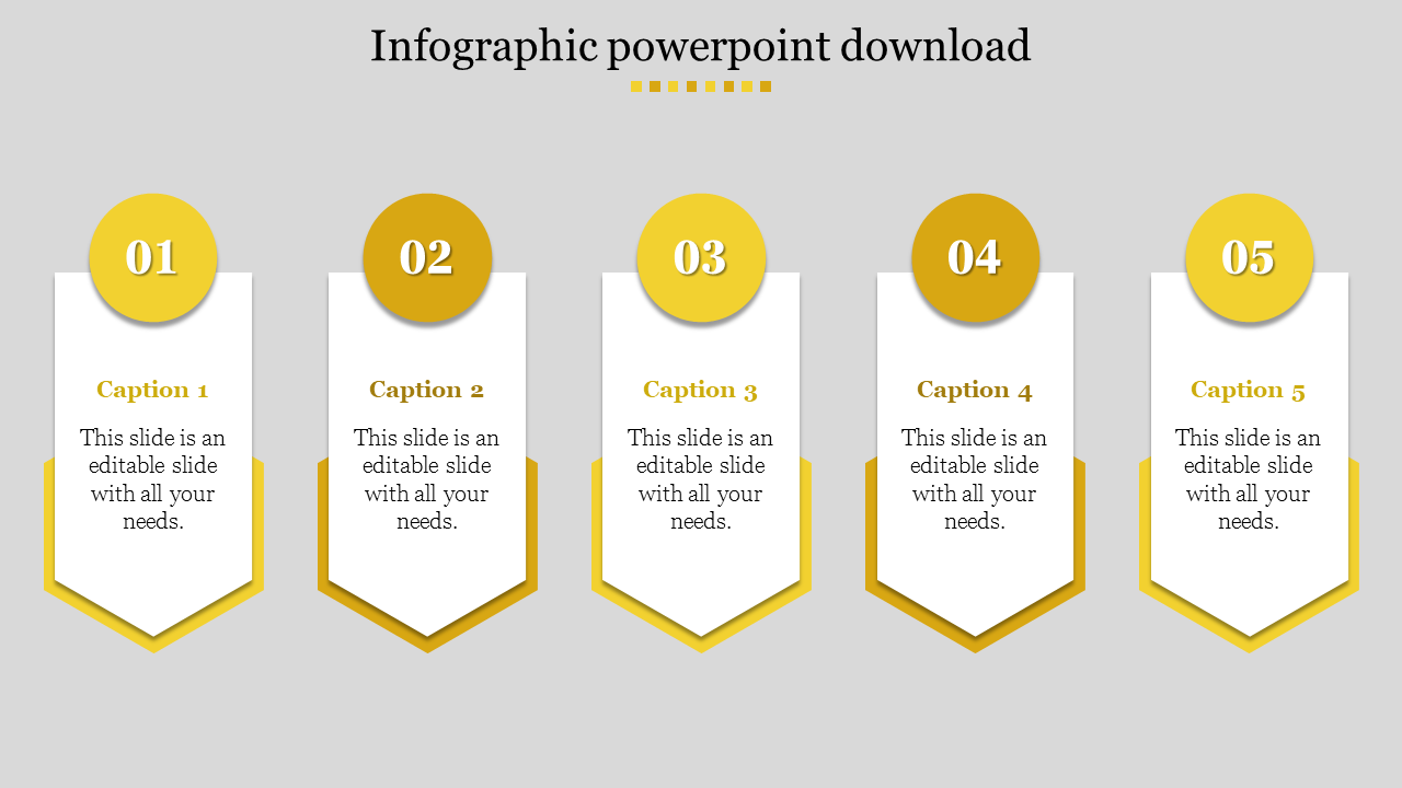 Five step infographic PowerPoint template with yellow accents and text boxes on a grey backdrop.