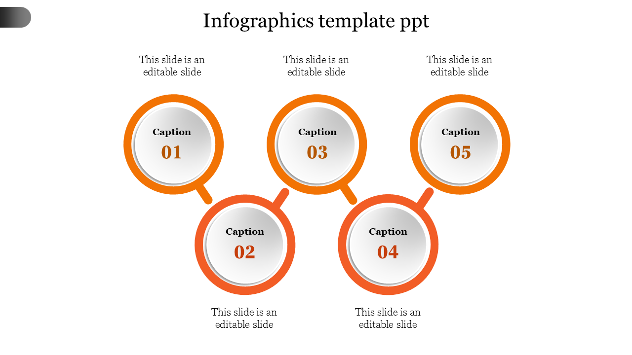 Five step infographic PowerPoint template with circular orange frames and captions on a white backdrop.