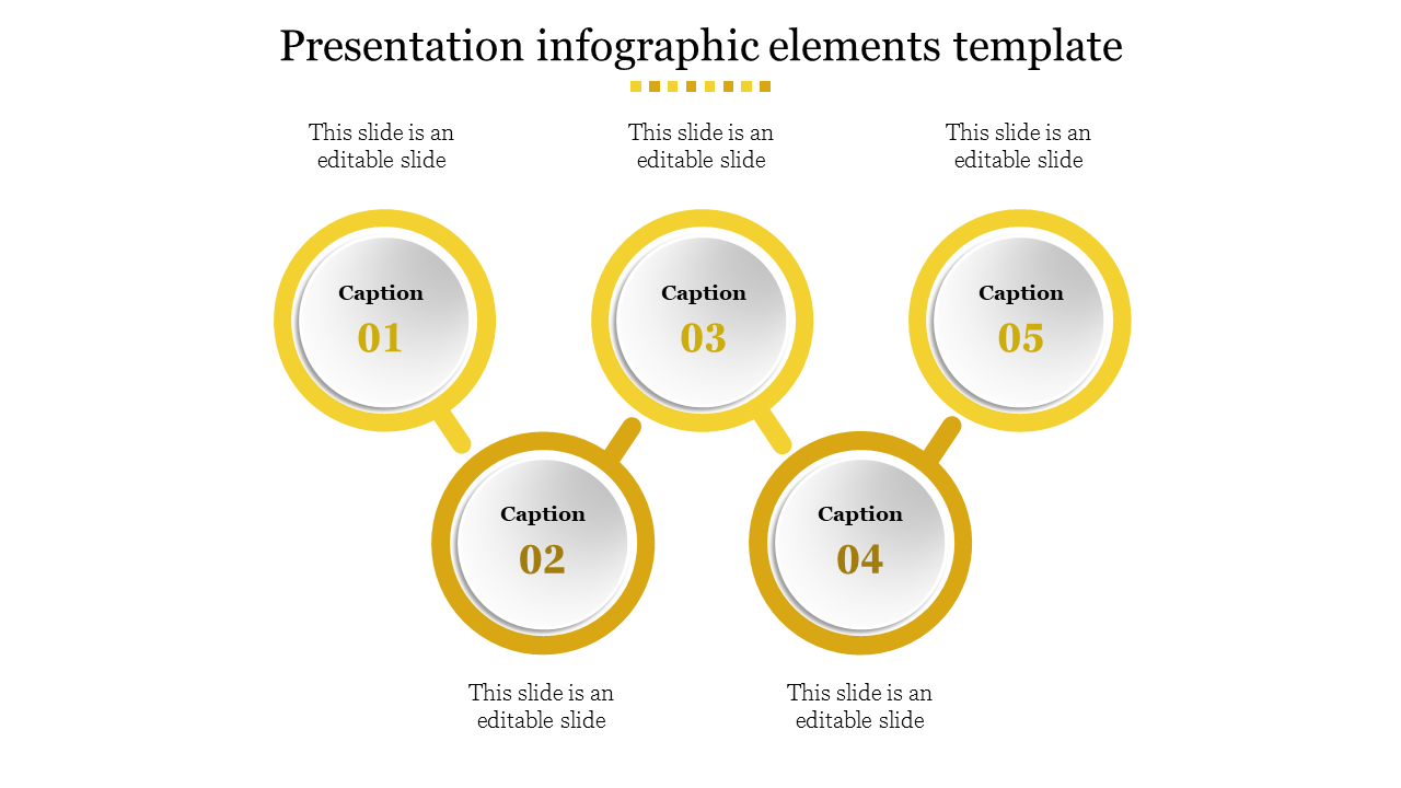 Five step infographic PowerPoint template with circular yellow frames and captions on a white backdrop.