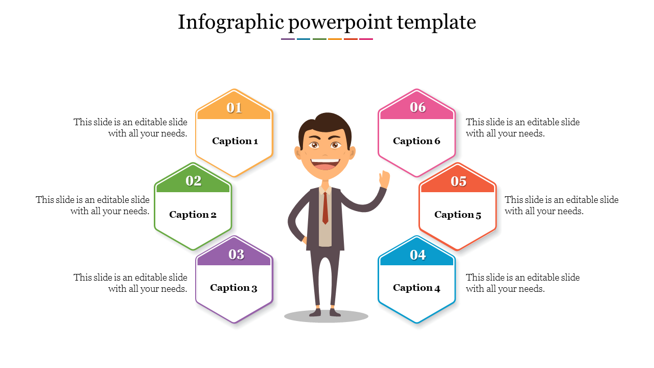 Infographic PowerPoint template with six numbered colorful captions and an illustrated character with placeholder text.