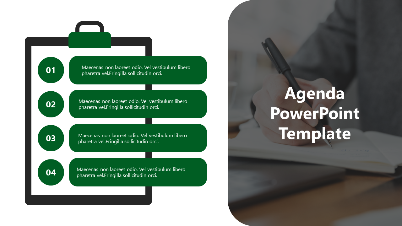 Agenda PowerPoint template with a clipboard layout and four green numbered sections on a white backdrop.