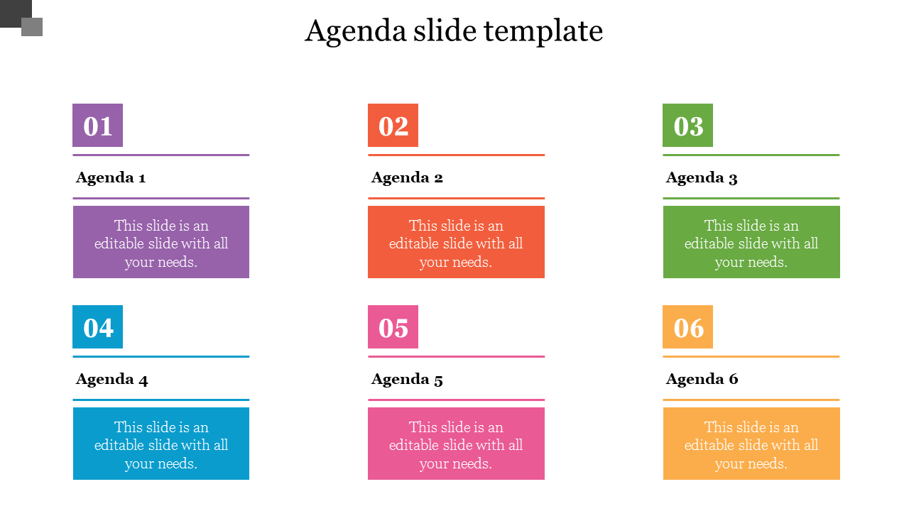 Agenda PPT slide with a numbered list and vibrant color blocks for each point with placeholder text.